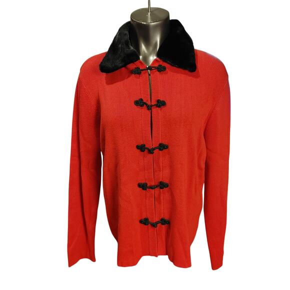 Kikit Womens LG Red Knit Black Faux Fur Trim Longsleeve Cardigan Sweater - Picture 1 of 3